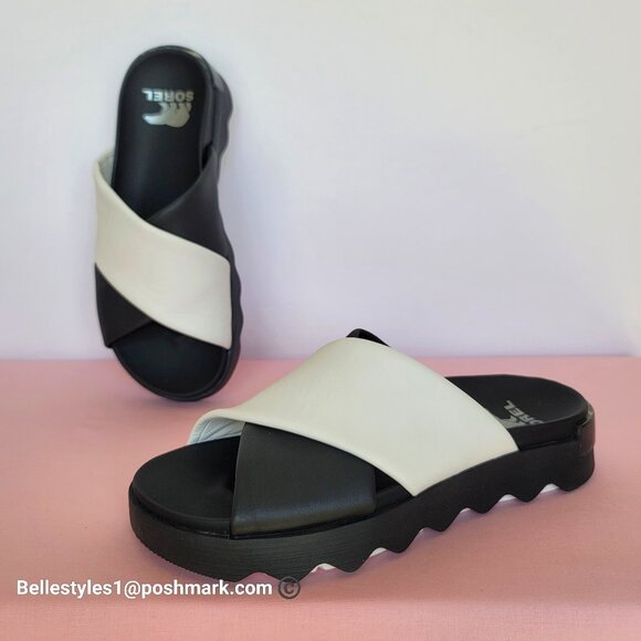 SOREL Viibe Criss-Cross Platform Smooth Leather Women’s Slide- Size 8.5 Black S⭐ - Picture 1 of 16